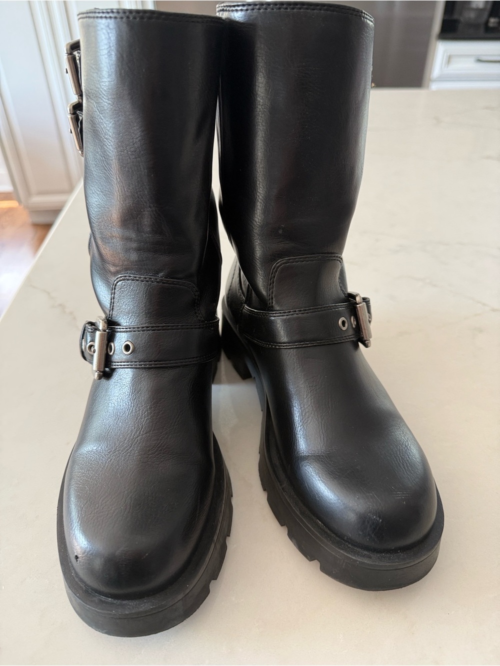 Zara Black Leather Lace-Up Buckle Mid-Calf Boots